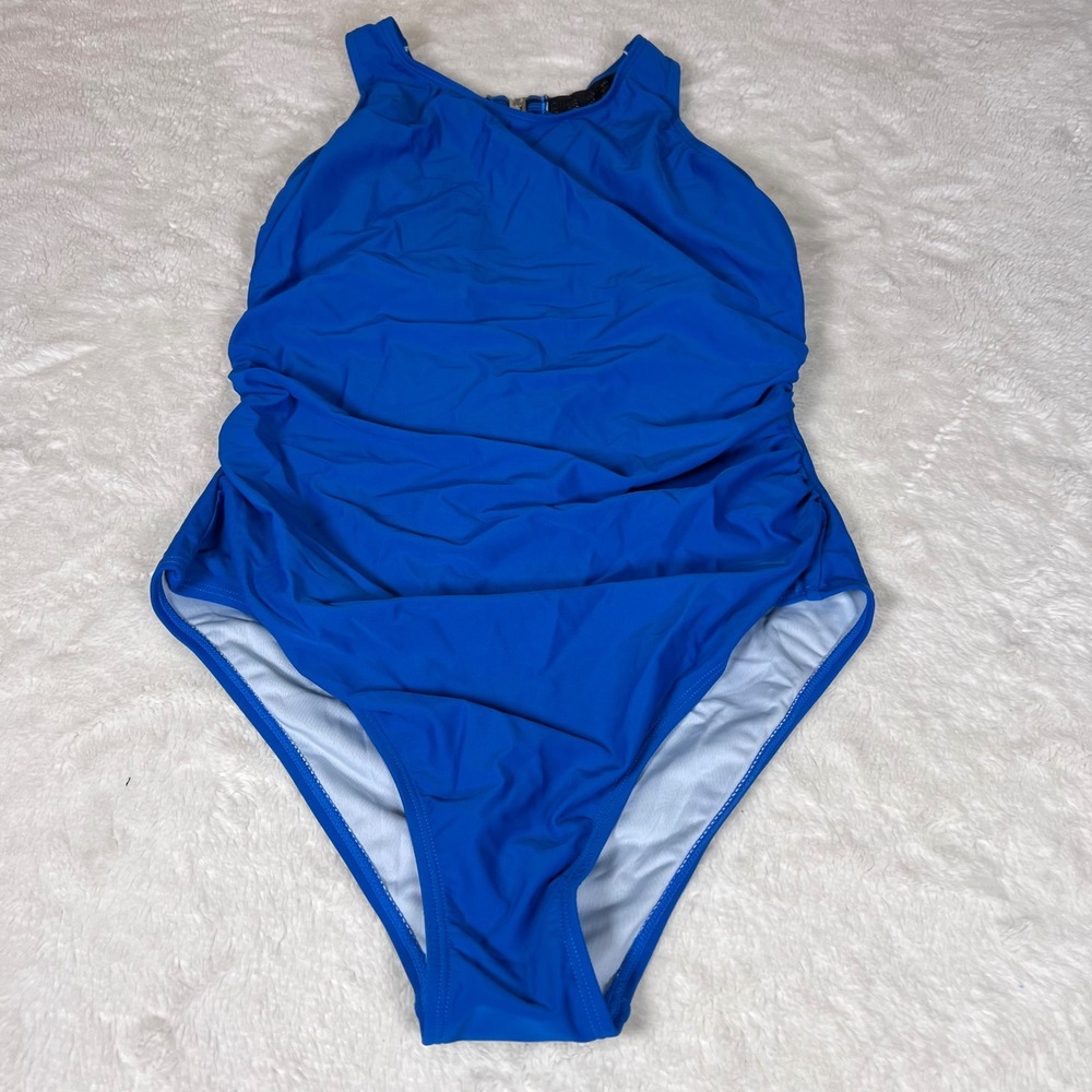 Cupshe Womens Blue Ruched High Neck Mesh Back One Piece Swimsuit Size‎ Large NWT